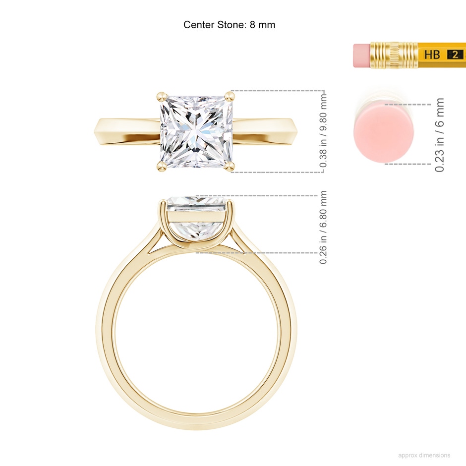 8mm FGVS Lab-Grown Princess-Cut Diamond Knife-Edge Shank Trellis Engagement Ring in Yellow Gold ruler