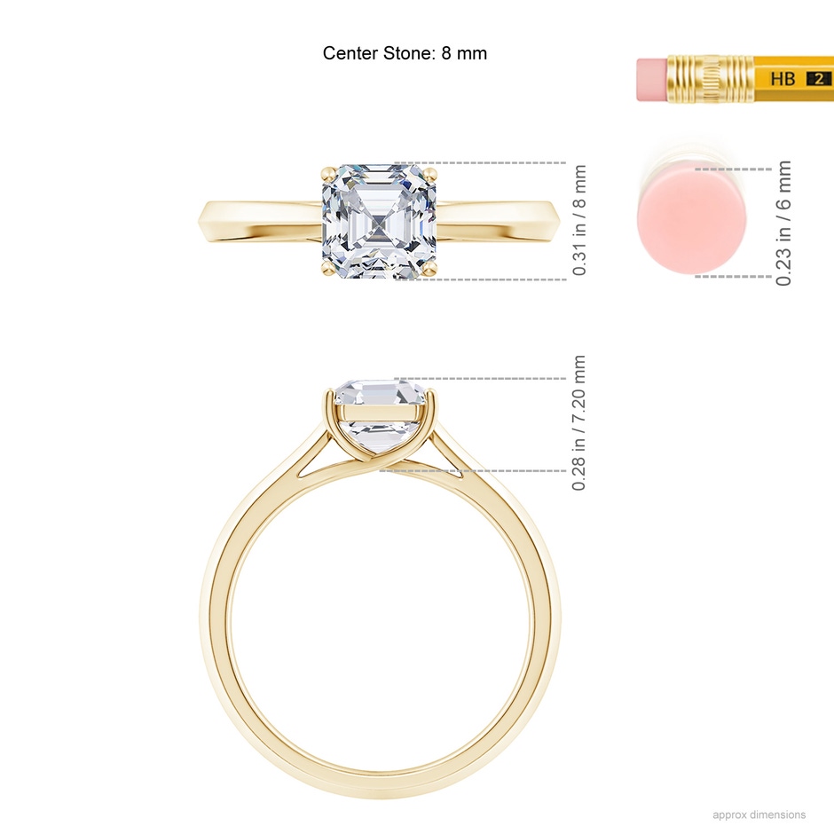 8mm FGVS Lab-Grown Square Emerald-Cut Diamond Knife-Edge Shank Trellis Engagement Ring in Yellow Gold ruler