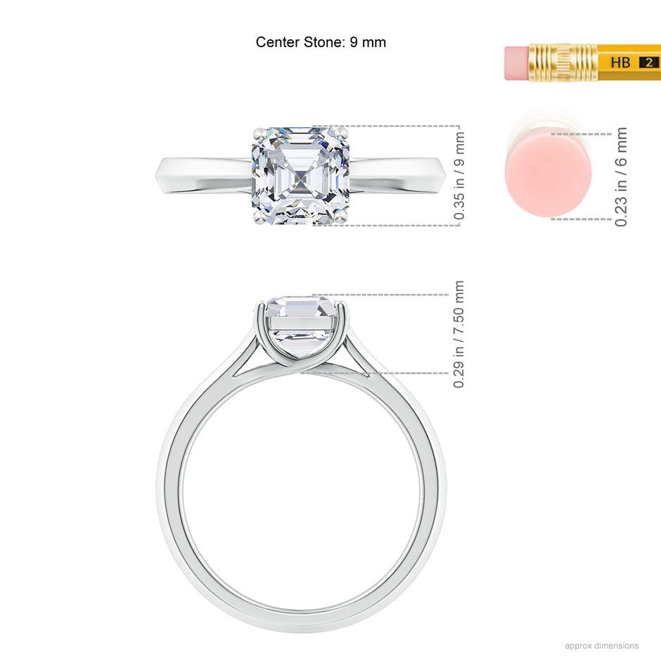 9mm FGVS Lab-Grown Square Emerald-Cut Diamond Knife-Edge Shank Trellis Engagement Ring in P950 Platinum ruler