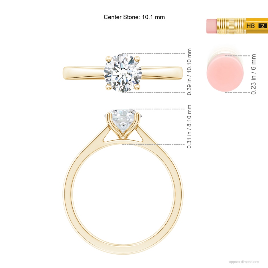 10.1mm FGVS Lab-Grown Round Diamond Reverse Tapered Shank Cathedral Engagement Ring in Yellow Gold ruler