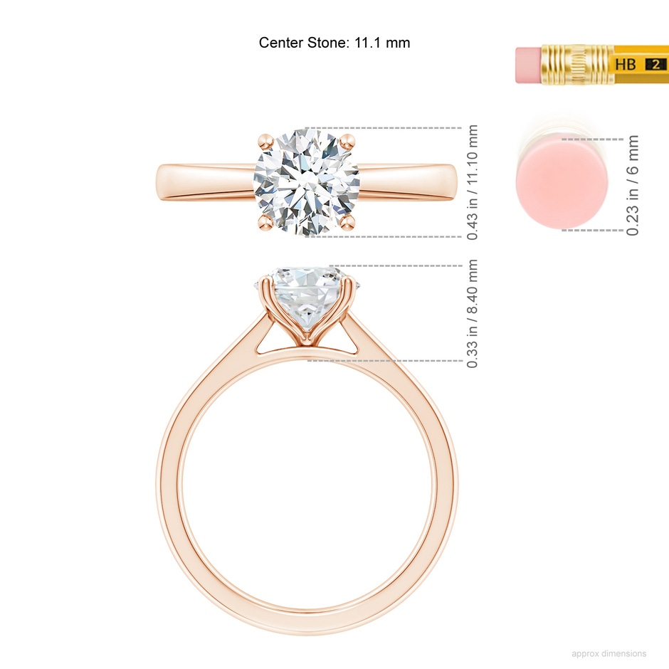 11.1mm FGVS Lab-Grown Round Diamond Reverse Tapered Shank Cathedral Engagement Ring in Rose Gold ruler