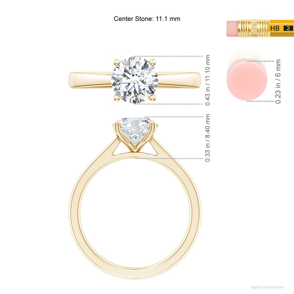 11.1mm FGVS Lab-Grown Round Diamond Reverse Tapered Shank Cathedral Engagement Ring in Yellow Gold ruler