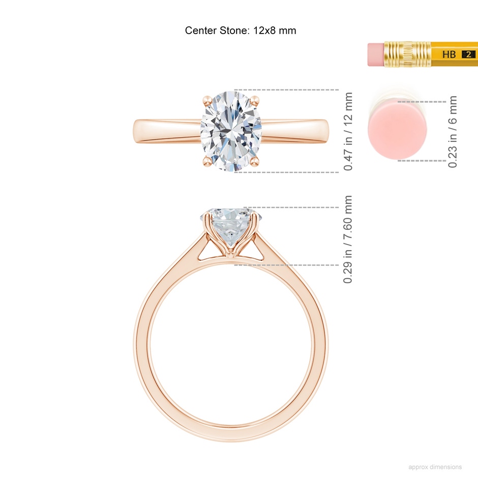 12x8mm FGVS Lab-Grown Oval Diamond Reverse Tapered Shank Cathedral Engagement Ring in Rose Gold ruler