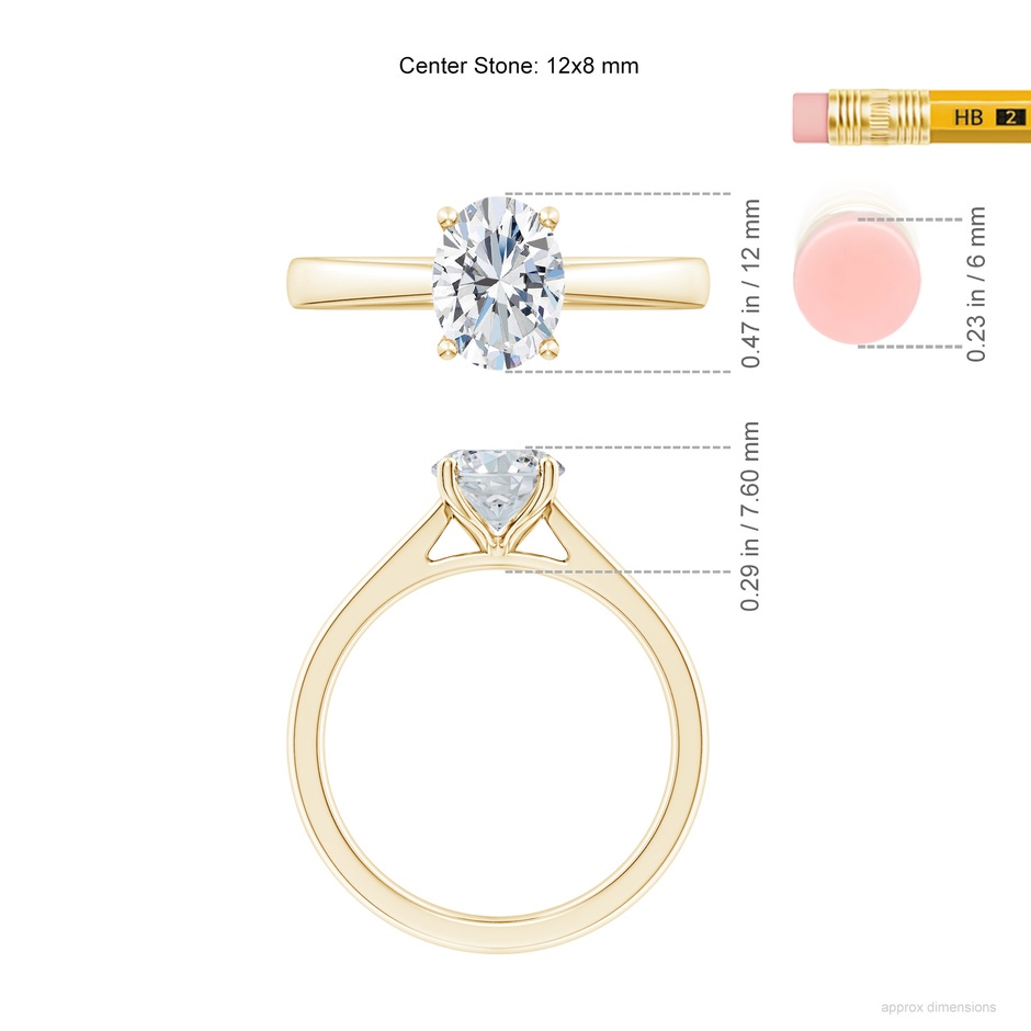 12x8mm FGVS Lab-Grown Oval Diamond Reverse Tapered Shank Cathedral Engagement Ring in Yellow Gold ruler