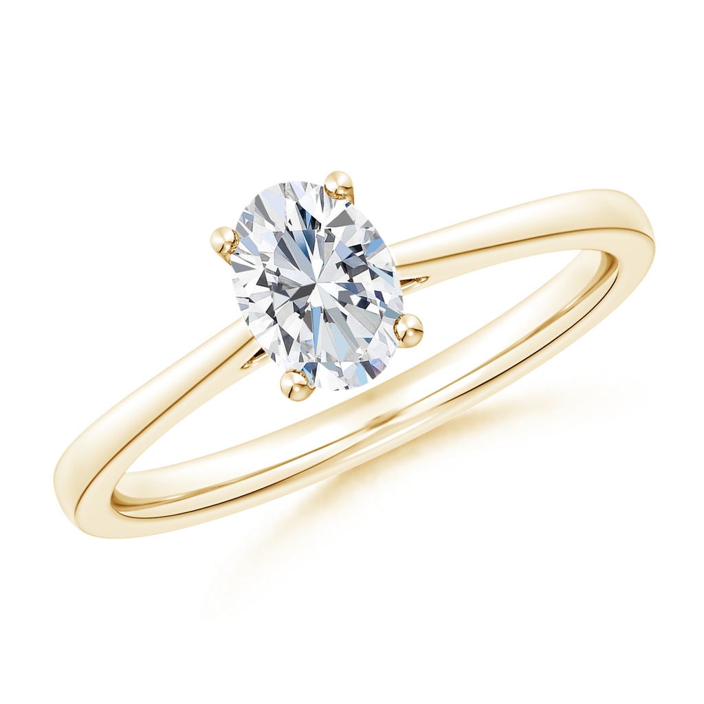 7.7x5.7mm FGVS Lab-Grown Oval Diamond Reverse Tapered Shank Cathedral Engagement Ring in 18K Yellow Gold