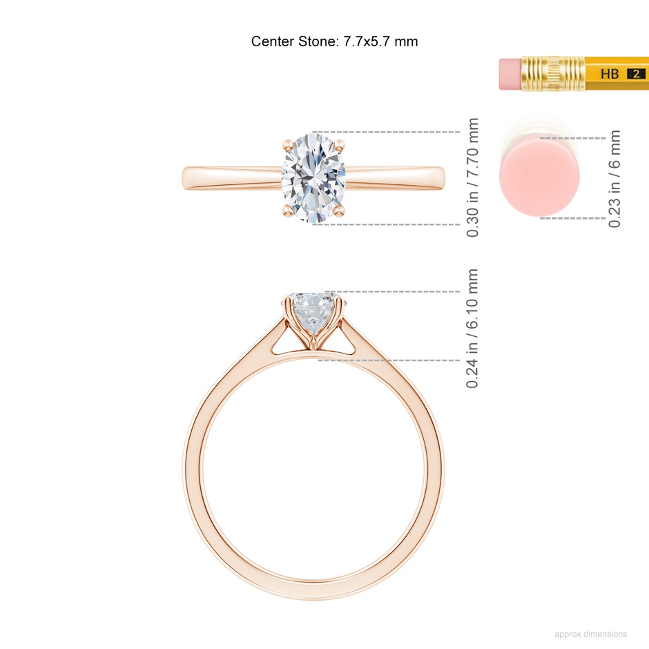 7.7x5.7mm FGVS Lab-Grown Oval Diamond Reverse Tapered Shank Cathedral Engagement Ring in Rose Gold ruler
