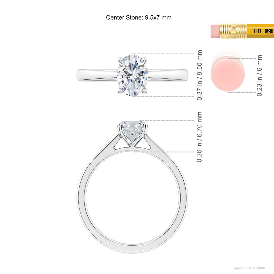 9.5x7mm FGVS Lab-Grown Oval Diamond Reverse Tapered Shank Cathedral Engagement Ring in White Gold - ruler