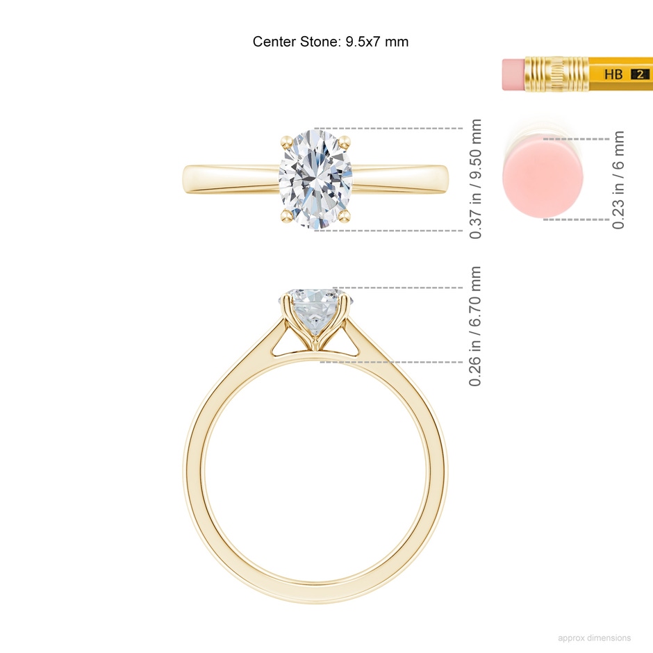 9.5x7mm FGVS Lab-Grown Oval Diamond Reverse Tapered Shank Cathedral Engagement Ring in Yellow Gold ruler