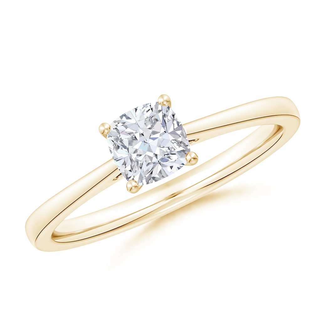 5.5mm FGVS Lab-Grown Cushion Diamond Reverse Tapered Shank Cathedral Engagement Ring in 9K Yellow Gold