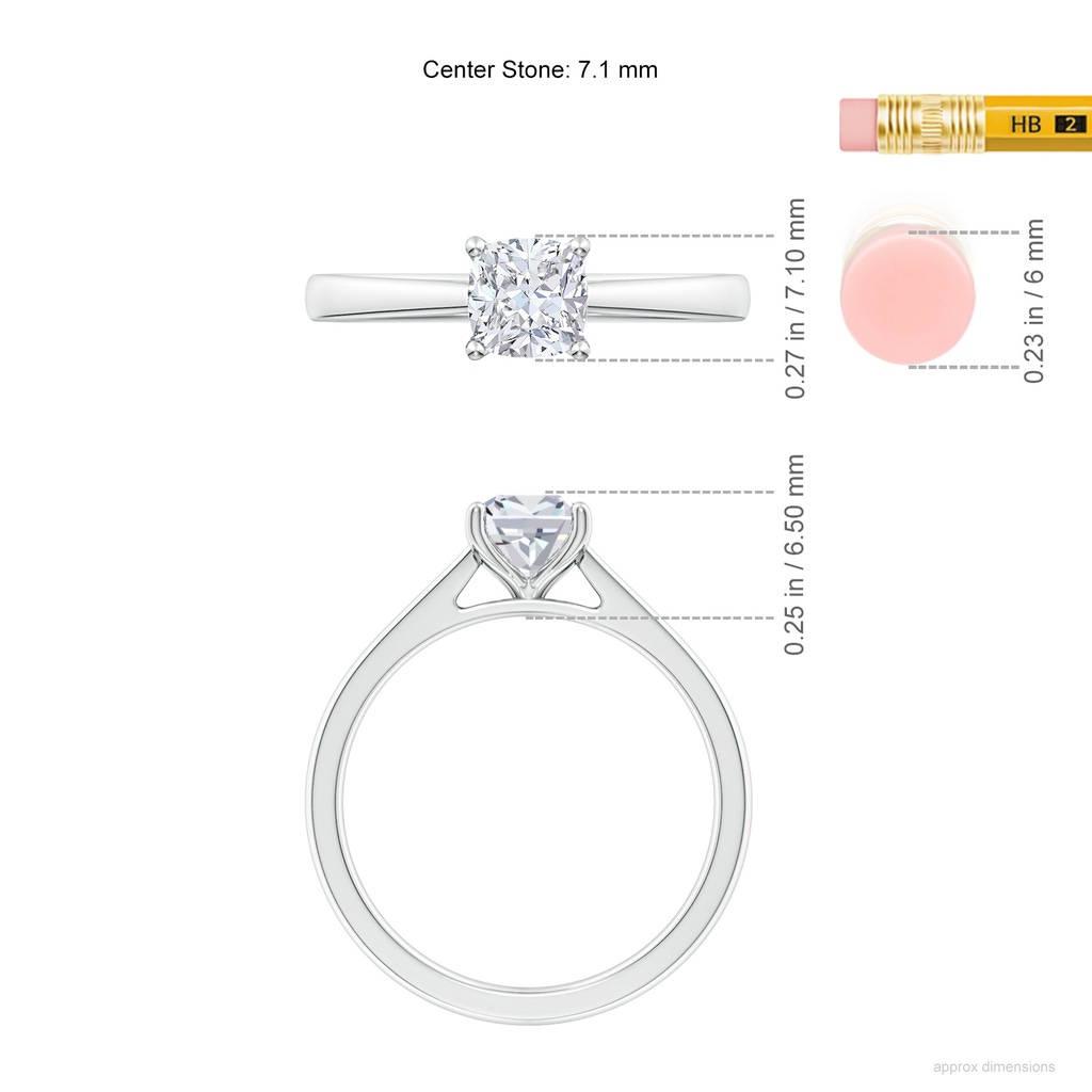 7.1mm FGVS Lab-Grown Cushion Diamond Reverse Tapered Shank Cathedral Engagement Ring in White Gold ruler