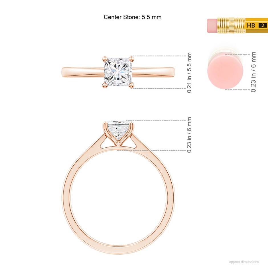 5.5mm FGVS Lab-Grown Princess-Cut Diamond Reverse Tapered Shank Cathedral Engagement Ring in 10K Rose Gold ruler