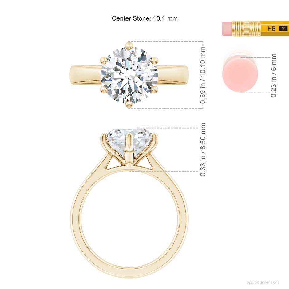 10.1mm FGVS Lab-Grown Round Diamond Reverse Tapered Shank Cathedral Engagement Ring in Yellow Gold ruler