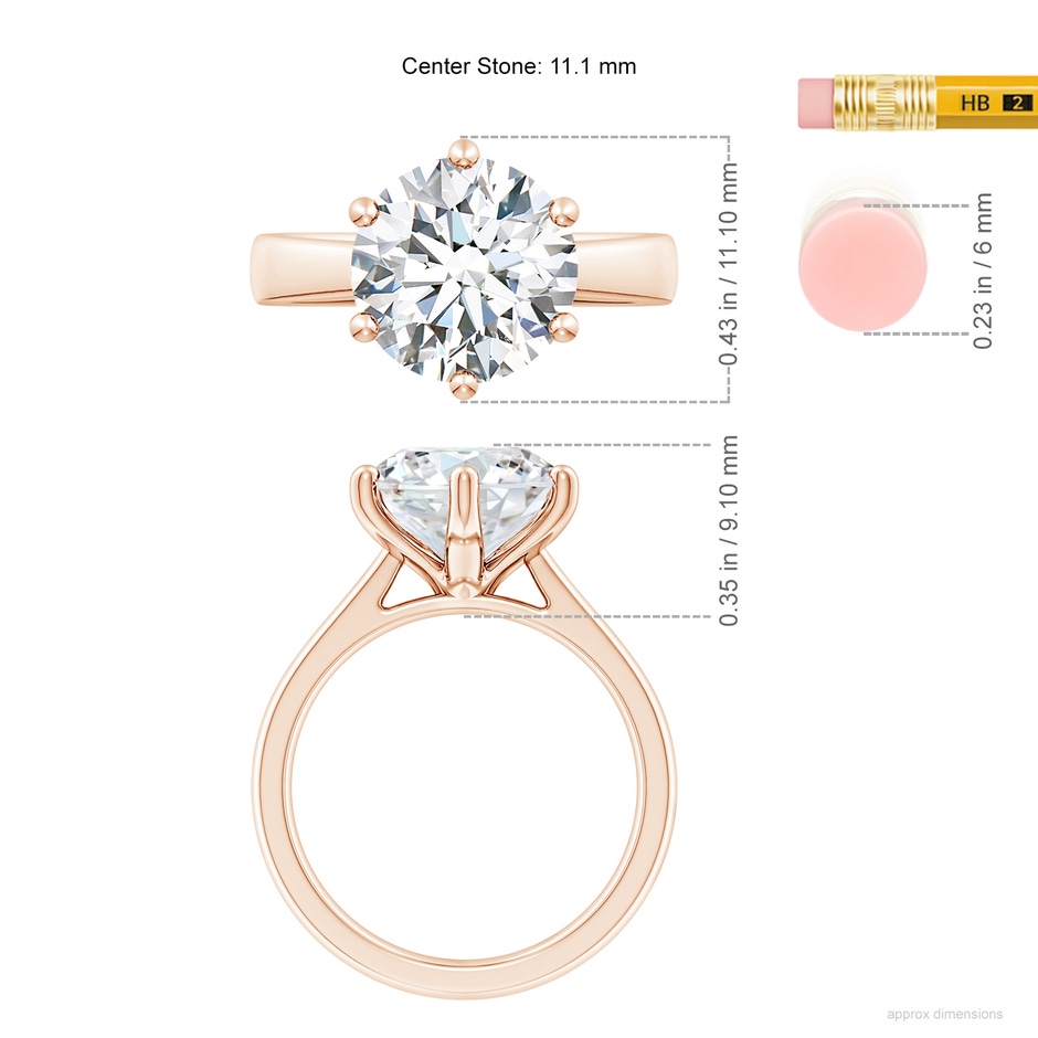 11.1mm FGVS Lab-Grown Round Diamond Reverse Tapered Shank Cathedral Engagement Ring in Rose Gold ruler
