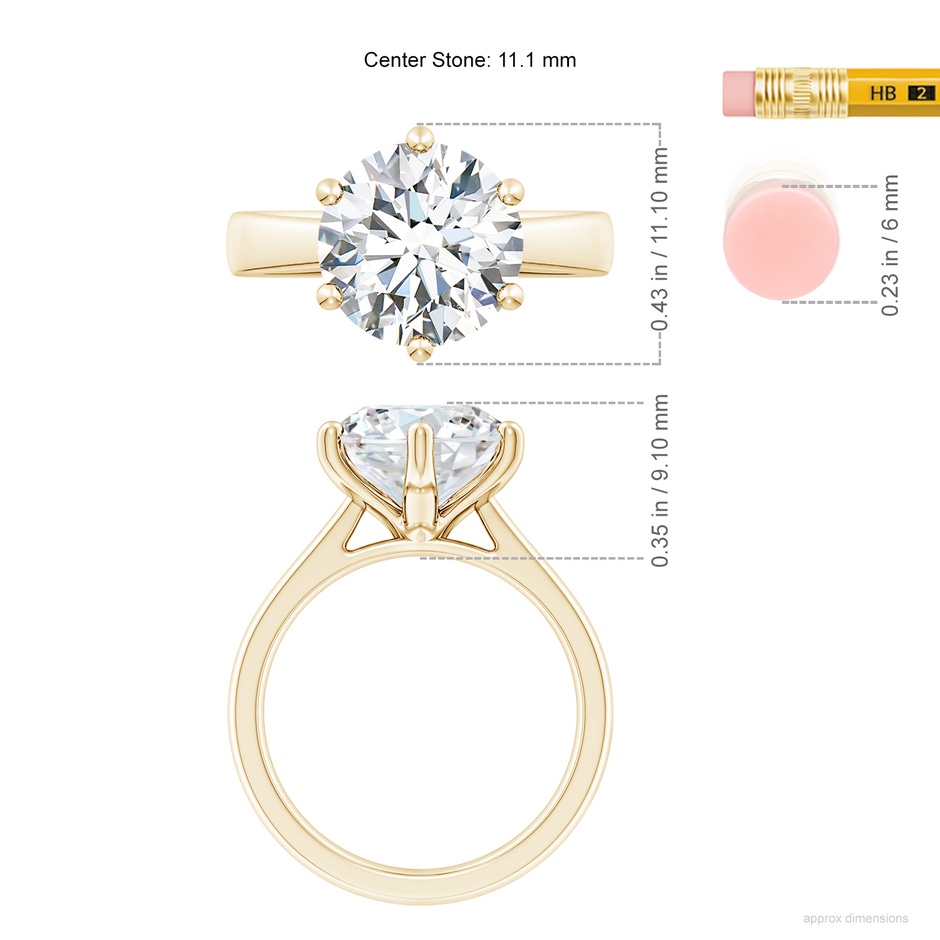 11.1mm FGVS Lab-Grown Round Diamond Reverse Tapered Shank Cathedral Engagement Ring in Yellow Gold ruler