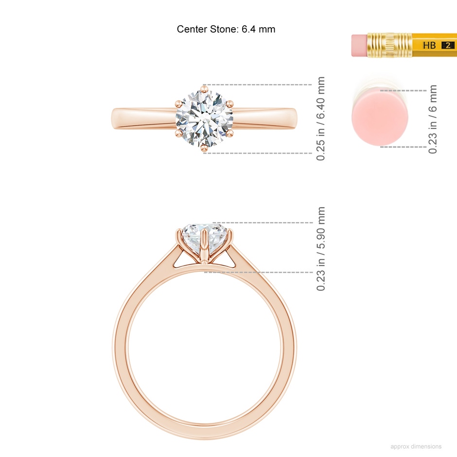 6.4mm FGVS Lab-Grown Round Diamond Reverse Tapered Shank Cathedral Engagement Ring in Rose Gold ruler