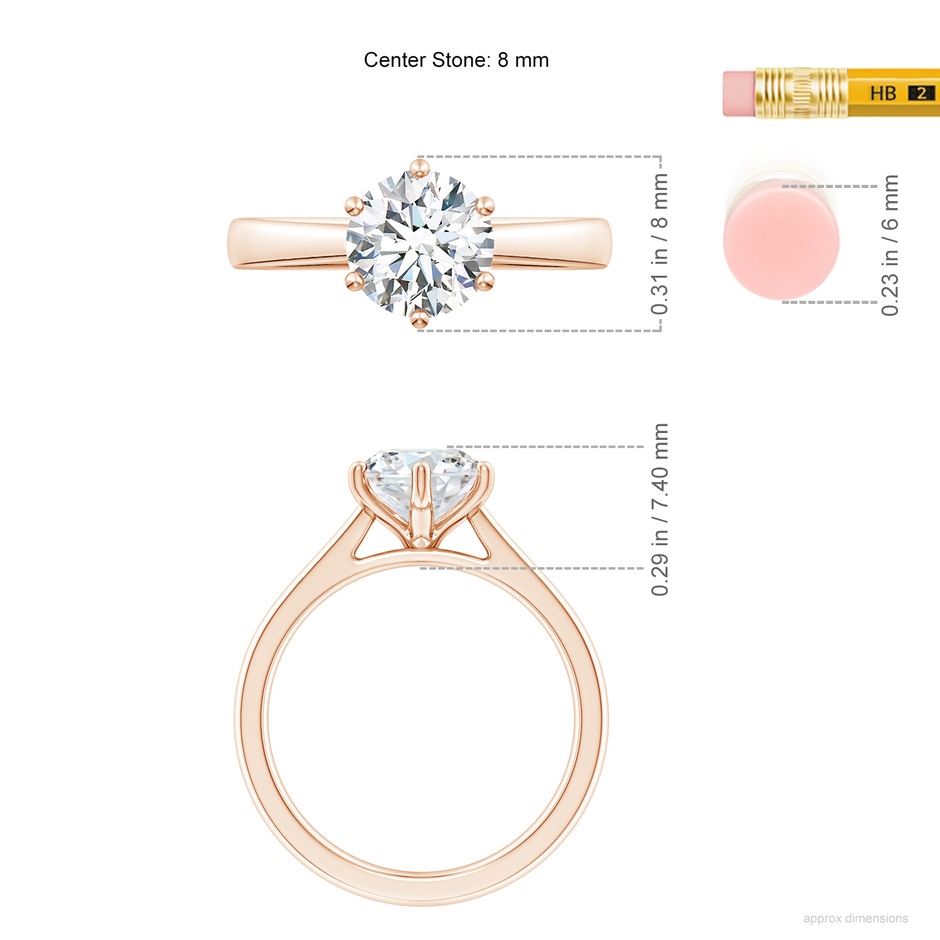 8mm FGVS Lab-Grown Round Diamond Reverse Tapered Shank Cathedral Engagement Ring in Rose Gold ruler