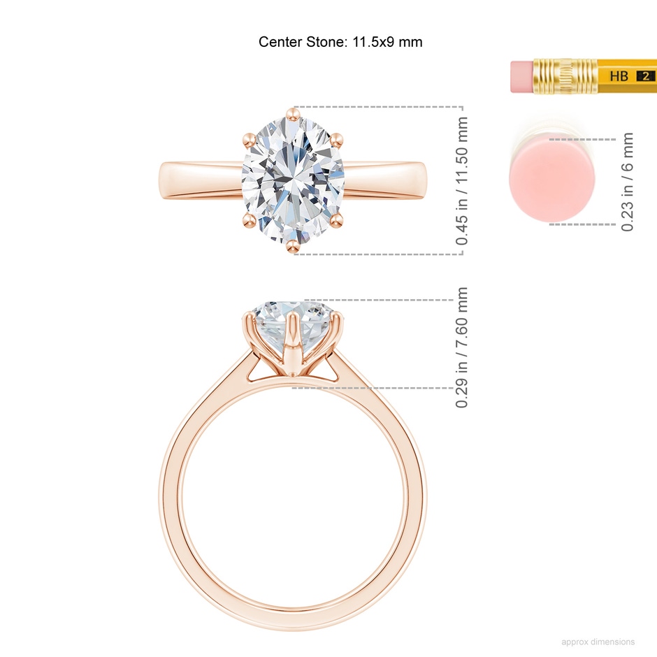 11.5x9mm FGVS Six Prong-Set Oval Lab-Grown Diamond Reverse Tapered Shank Cathedral Engagement Ring in Rose Gold ruler