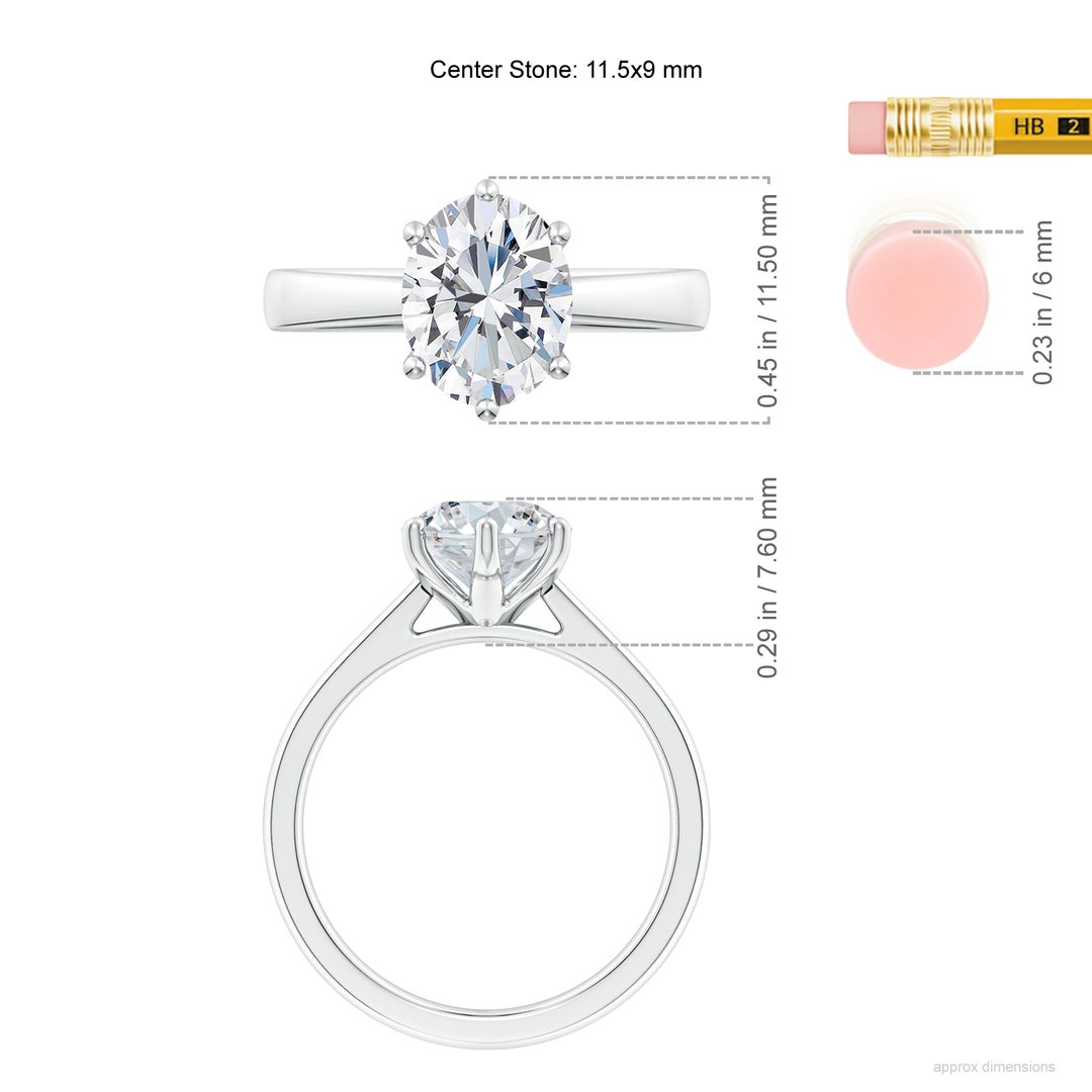 11.5x9mm FGVS Six Prong-Set Oval Lab-Grown Diamond Reverse Tapered Shank Cathedral Engagement Ring in White Gold - ruler