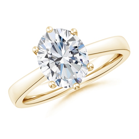 11.5x9mm FGVS Six Prong-Set Oval Lab-Grown Diamond Reverse Tapered Shank Cathedral Engagement Ring in Yellow Gold