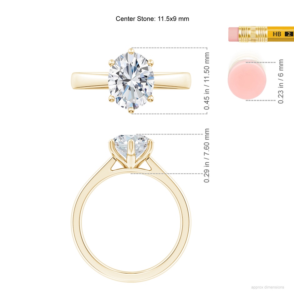 11.5x9mm FGVS Six Prong-Set Oval Lab-Grown Diamond Reverse Tapered Shank Cathedral Engagement Ring in Yellow Gold ruler