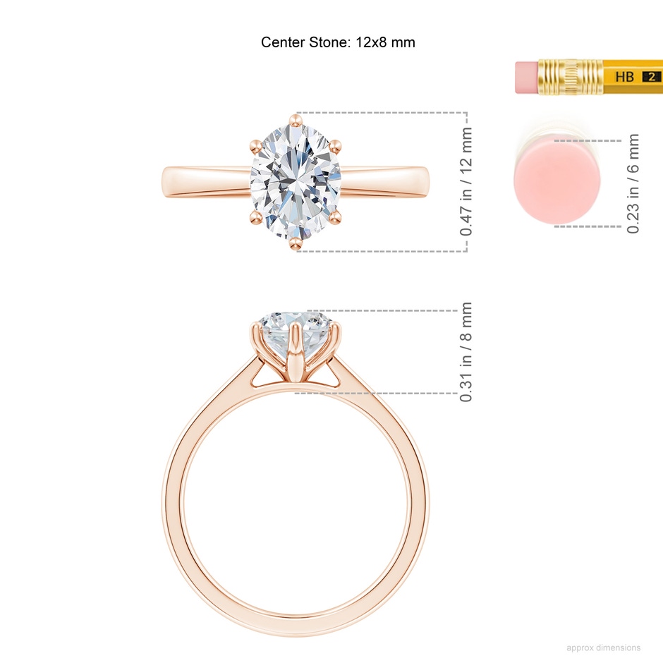 12x8mm FGVS Six Prong-Set Oval Lab-Grown Diamond Reverse Tapered Shank Cathedral Engagement Ring in 18K Rose Gold ruler