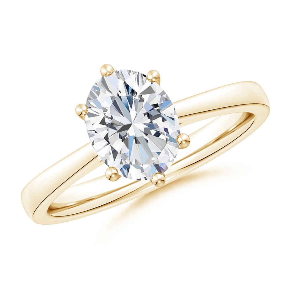 12x8mm FGVS Six Prong-Set Oval Lab-Grown Diamond Reverse Tapered Shank Cathedral Engagement Ring in Yellow Gold 