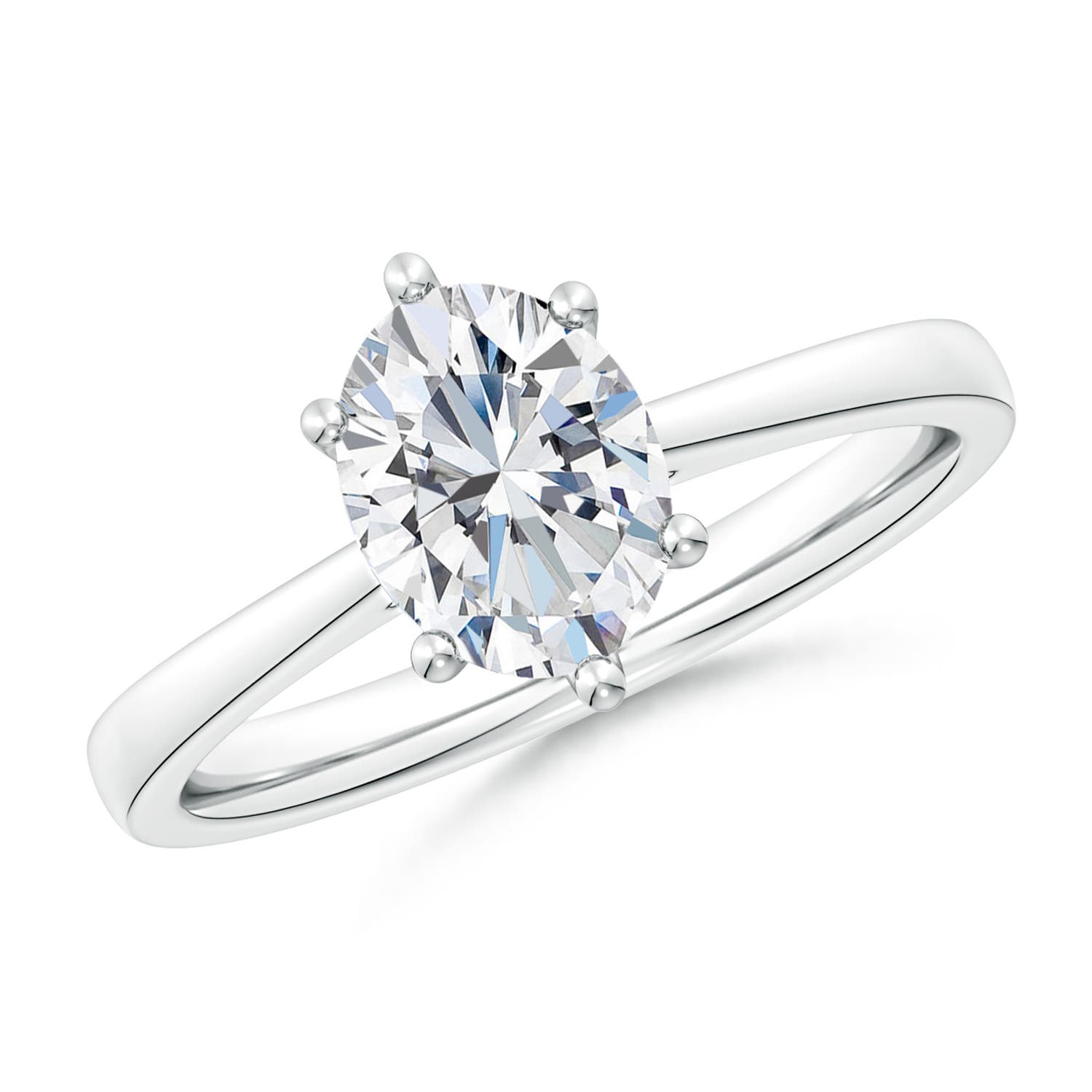 9.5x7mm FGVS Six Prong-Set Oval Lab-Grown Diamond Reverse Tapered Shank Cathedral Engagement Ring in 18K White Gold