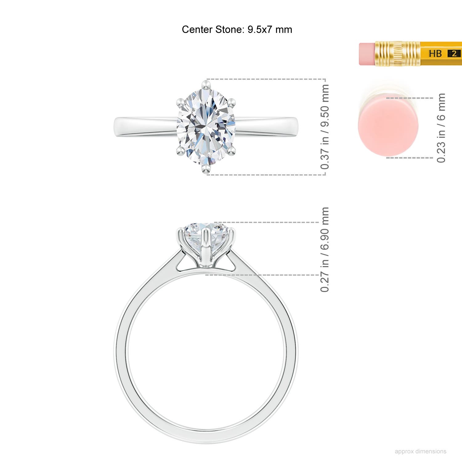 9.5x7mm FGVS Six Prong-Set Oval Lab-Grown Diamond Reverse Tapered Shank Cathedral Engagement Ring in White Gold - ruler