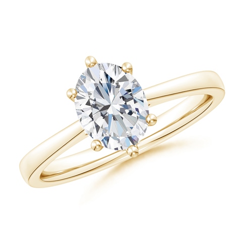 9.5x7mm FGVS Six Prong-Set Oval Lab-Grown Diamond Reverse Tapered Shank Cathedral Engagement Ring in Yellow Gold