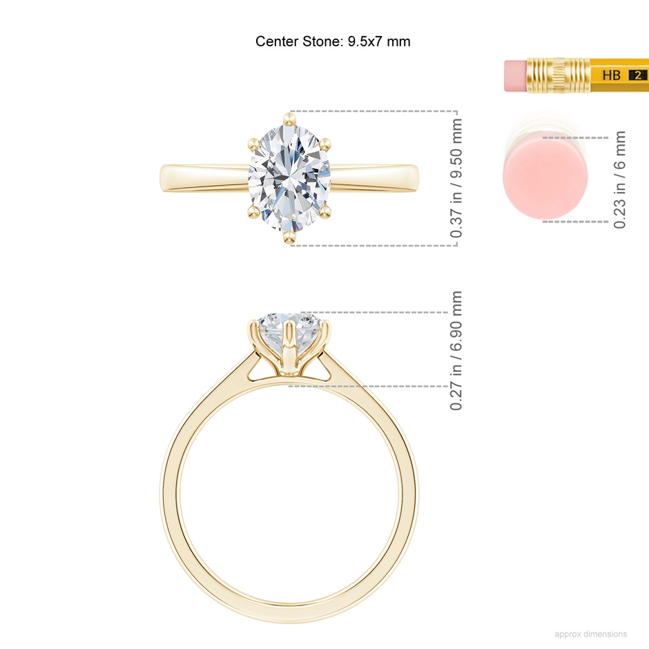9.5x7mm FGVS Six Prong-Set Oval Lab-Grown Diamond Reverse Tapered Shank Cathedral Engagement Ring in Yellow Gold ruler