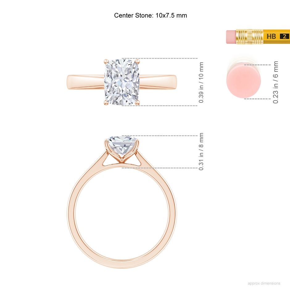 10x7.5mm FGVS Lab-Grown Cushion Rectangular Diamond Reverse Tapered Shank Cathedral Engagement Ring in Rose Gold ruler