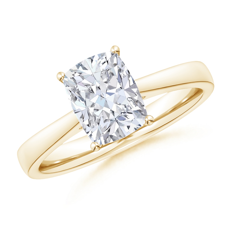 10x7.5mm FGVS Lab-Grown Cushion Rectangular Diamond Reverse Tapered Shank Cathedral Engagement Ring in Yellow Gold 
