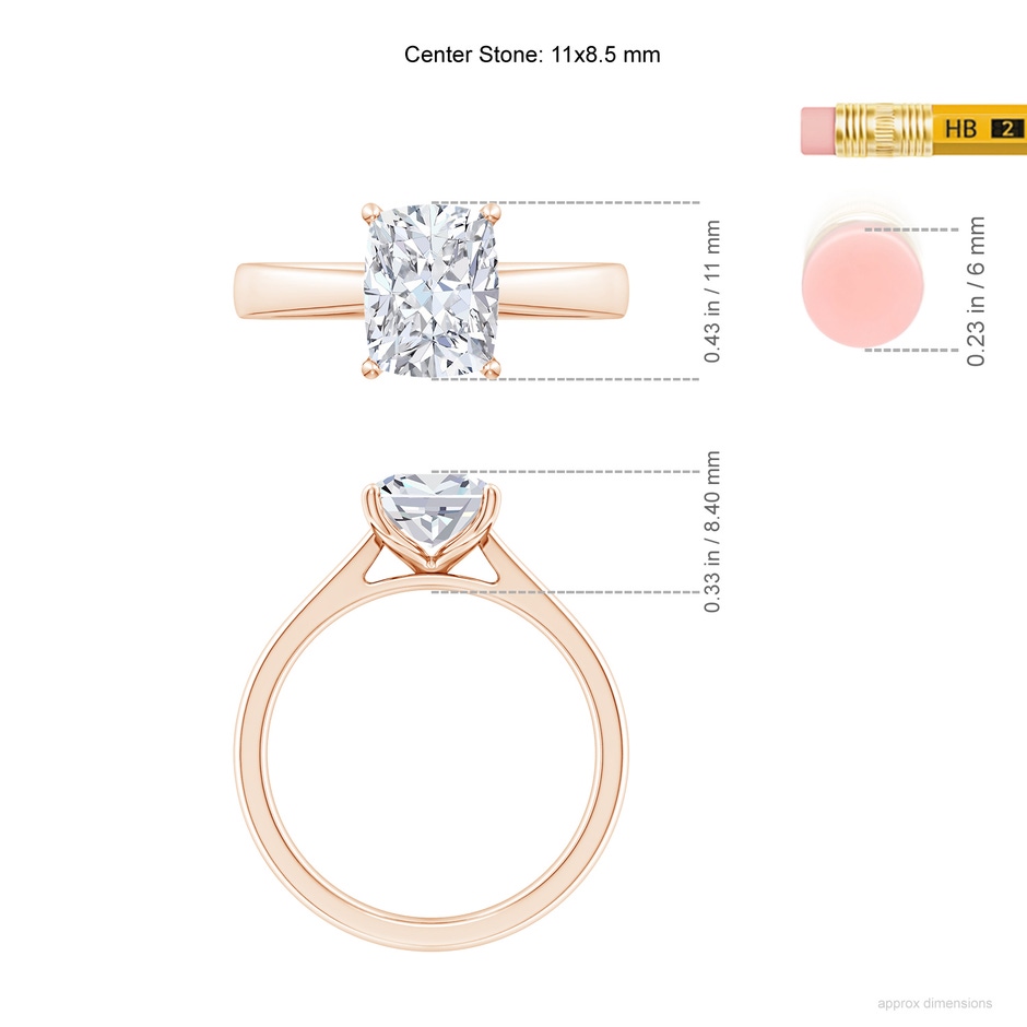 11x8.5mm FGVS Lab-Grown Cushion Rectangular Diamond Reverse Tapered Shank Cathedral Engagement Ring in 18K Rose Gold ruler