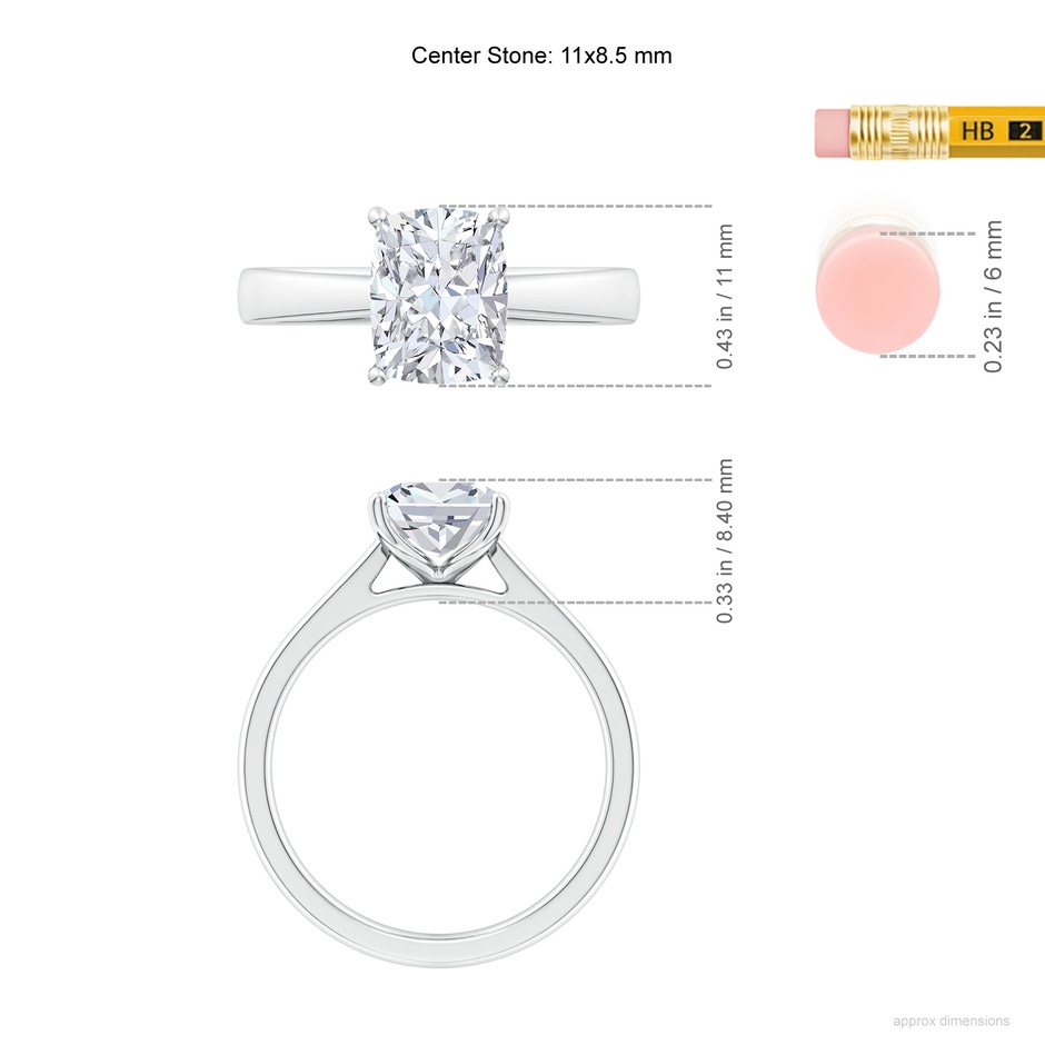 11x8.5mm FGVS Lab-Grown Cushion Rectangular Diamond Reverse Tapered Shank Cathedral Engagement Ring in P950 Platinum ruler