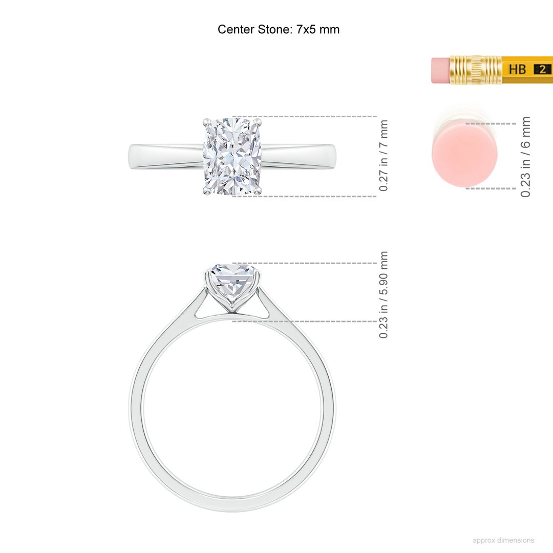 7x5mm FGVS Lab-Grown Cushion Rectangular Diamond Reverse Tapered Shank Cathedral Engagement Ring in 18K White Gold - ruler