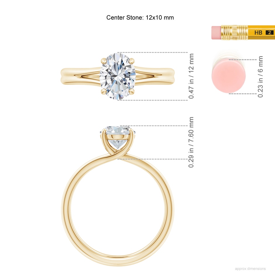 12x10mm FGVS Lab-Grown Oval Diamond Double Shank Solitaire Engagement Ring in Yellow Gold ruler