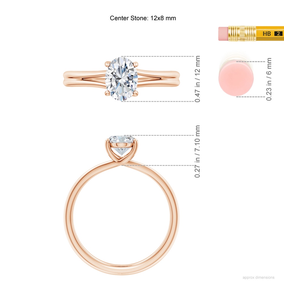 12x8mm FGVS Lab-Grown Oval Diamond Double Shank Solitaire Engagement Ring in Rose Gold ruler