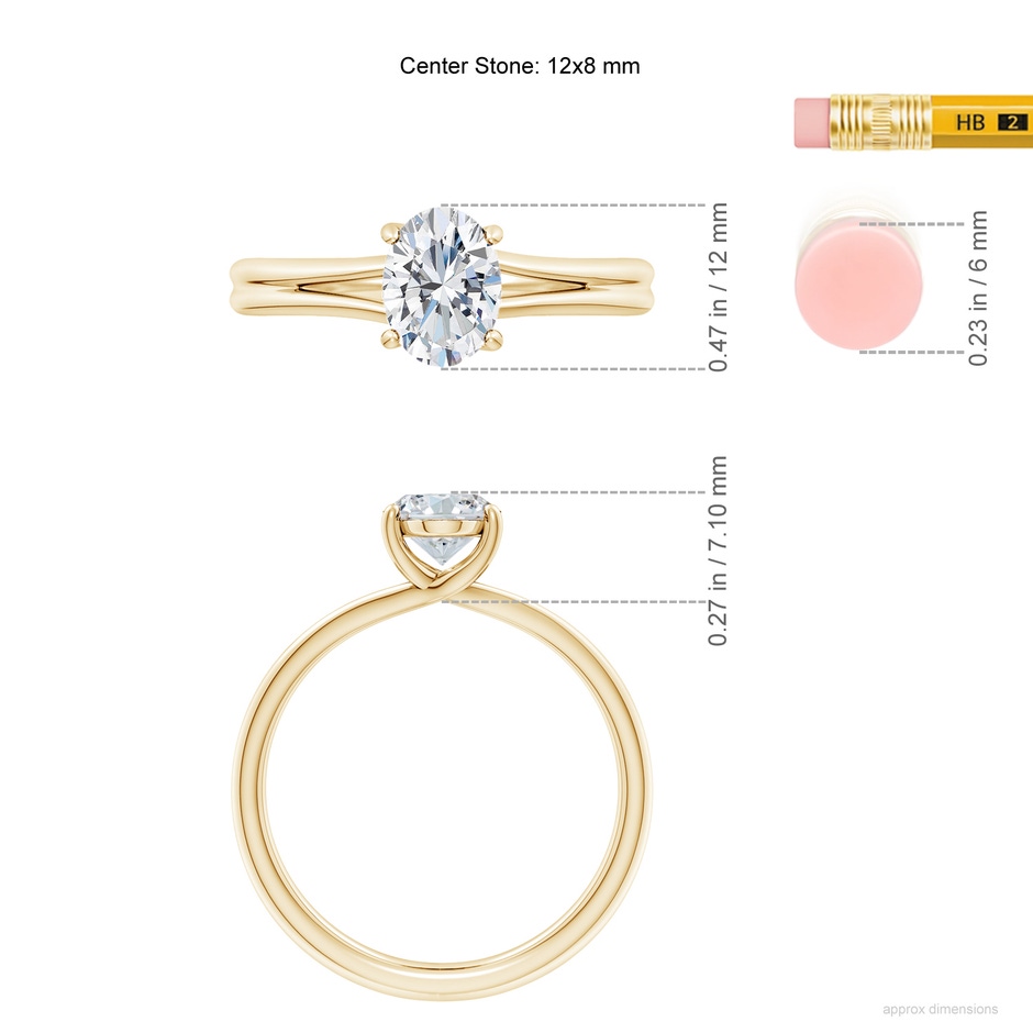 12x8mm FGVS Lab-Grown Oval Diamond Double Shank Solitaire Engagement Ring in Yellow Gold ruler