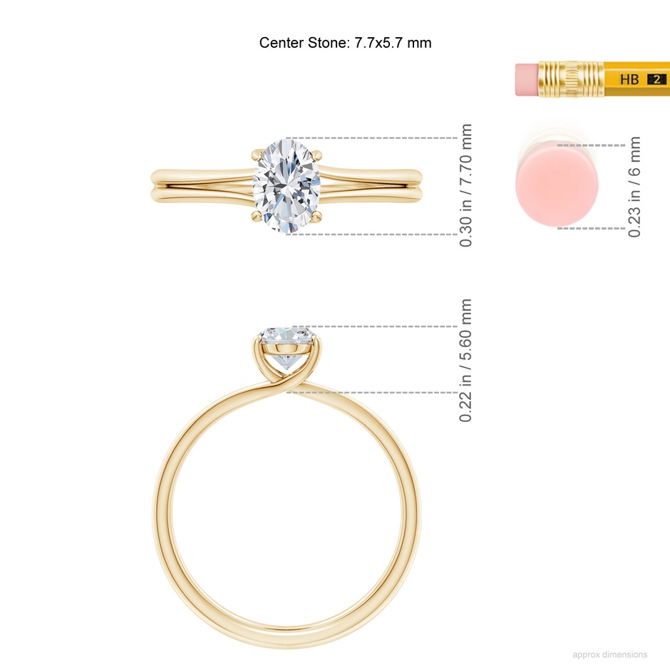 7.7x5.7mm FGVS Lab-Grown Oval Diamond Double Shank Solitaire Engagement Ring in 10K Yellow Gold ruler