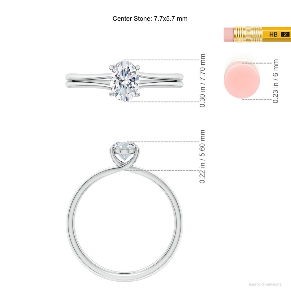 7.7x5.7mm FGVS Lab-Grown Oval Diamond Double Shank Solitaire Engagement Ring in 9K White Gold ruler