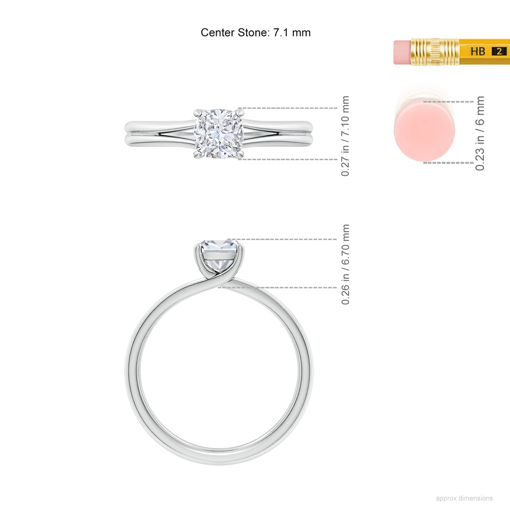 7.1mm FGVS Lab-Grown Cushion Diamond Double Shank Solitaire Engagement Ring in White Gold ruler