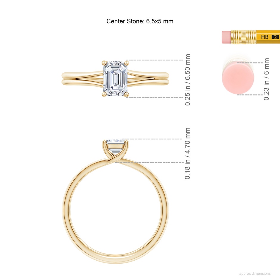 6.5x5mm FGVS Lab-Grown Emerald-Cut Diamond Double Shank Solitaire Engagement Ring in 18K Yellow Gold ruler