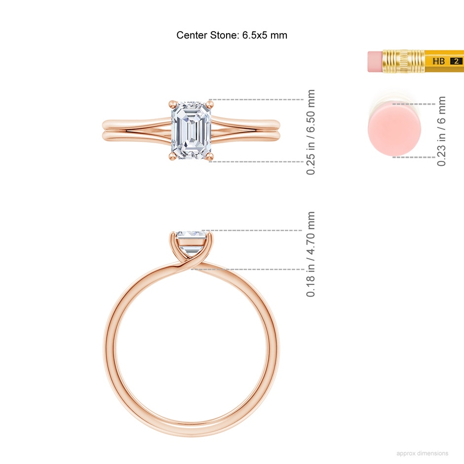 6.5x5mm FGVS Lab-Grown Emerald-Cut Diamond Double Shank Solitaire Engagement Ring in Rose Gold ruler