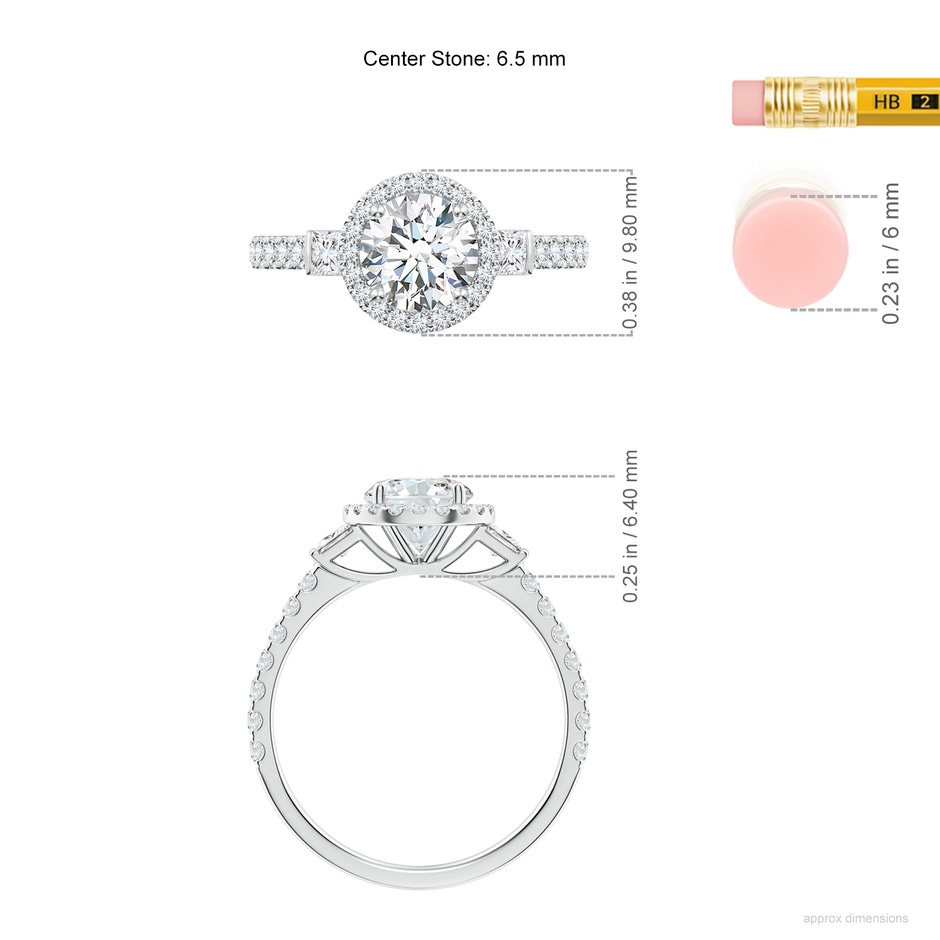 6.5mm FGVS Lab-Grown Round Diamond Side Stone Halo Engagement Ring in 18K White Gold ruler