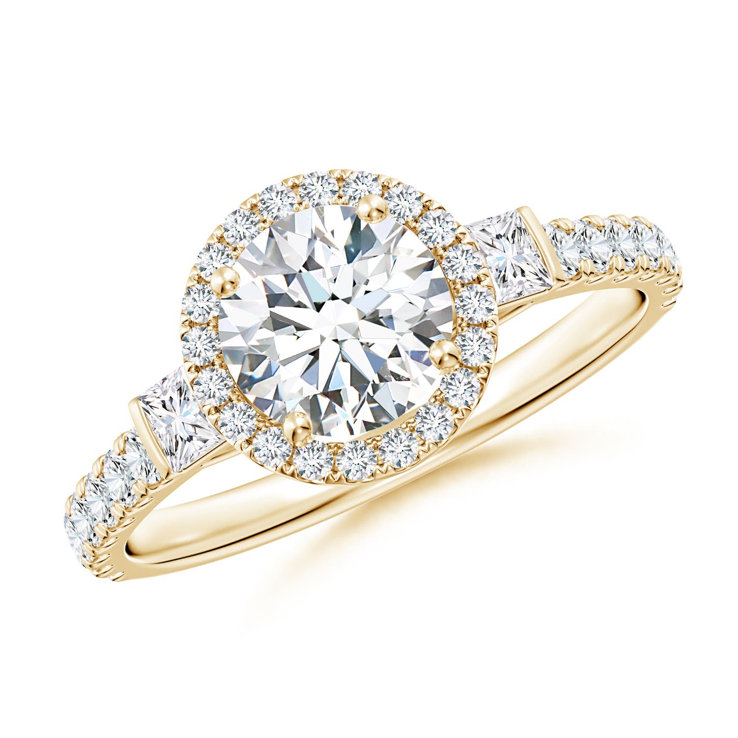 6.5mm FGVS Lab-Grown Round Diamond Side Stone Halo Engagement Ring in 18K Yellow Gold