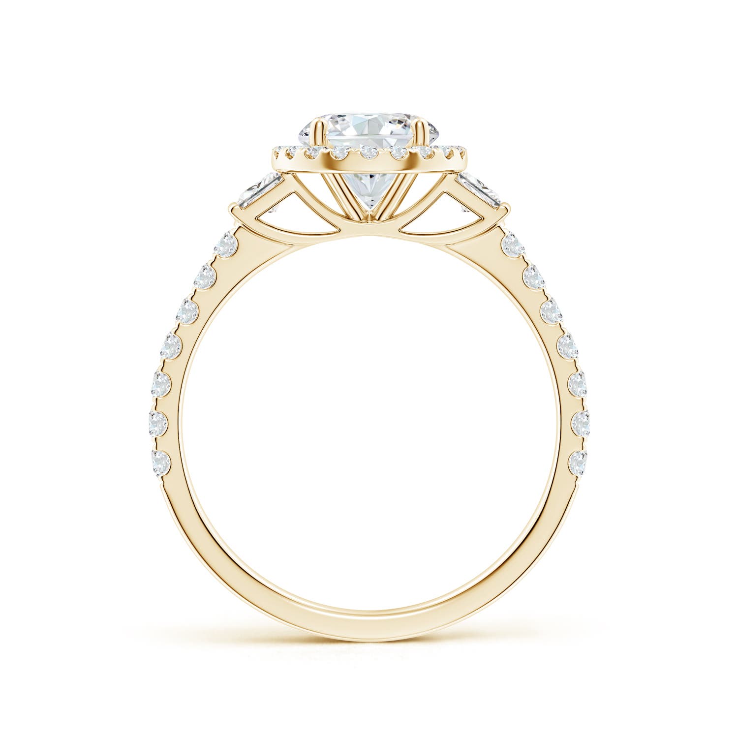 6.5mm FGVS Lab-Grown Round Diamond Side Stone Halo Engagement Ring in 18K Yellow Gold