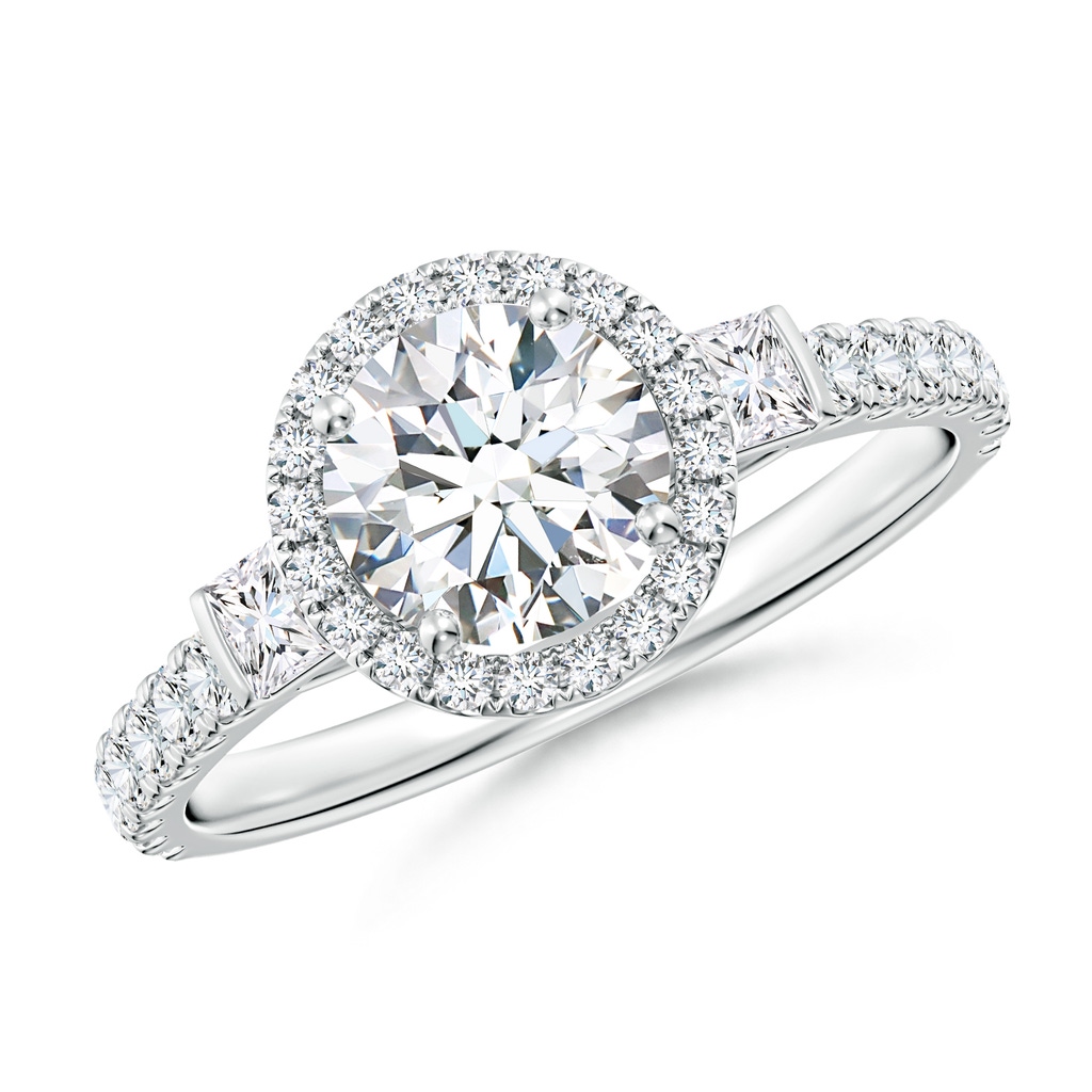 6.5mm FGVS Lab-Grown Round Diamond Side Stone Halo Engagement Ring in White Gold