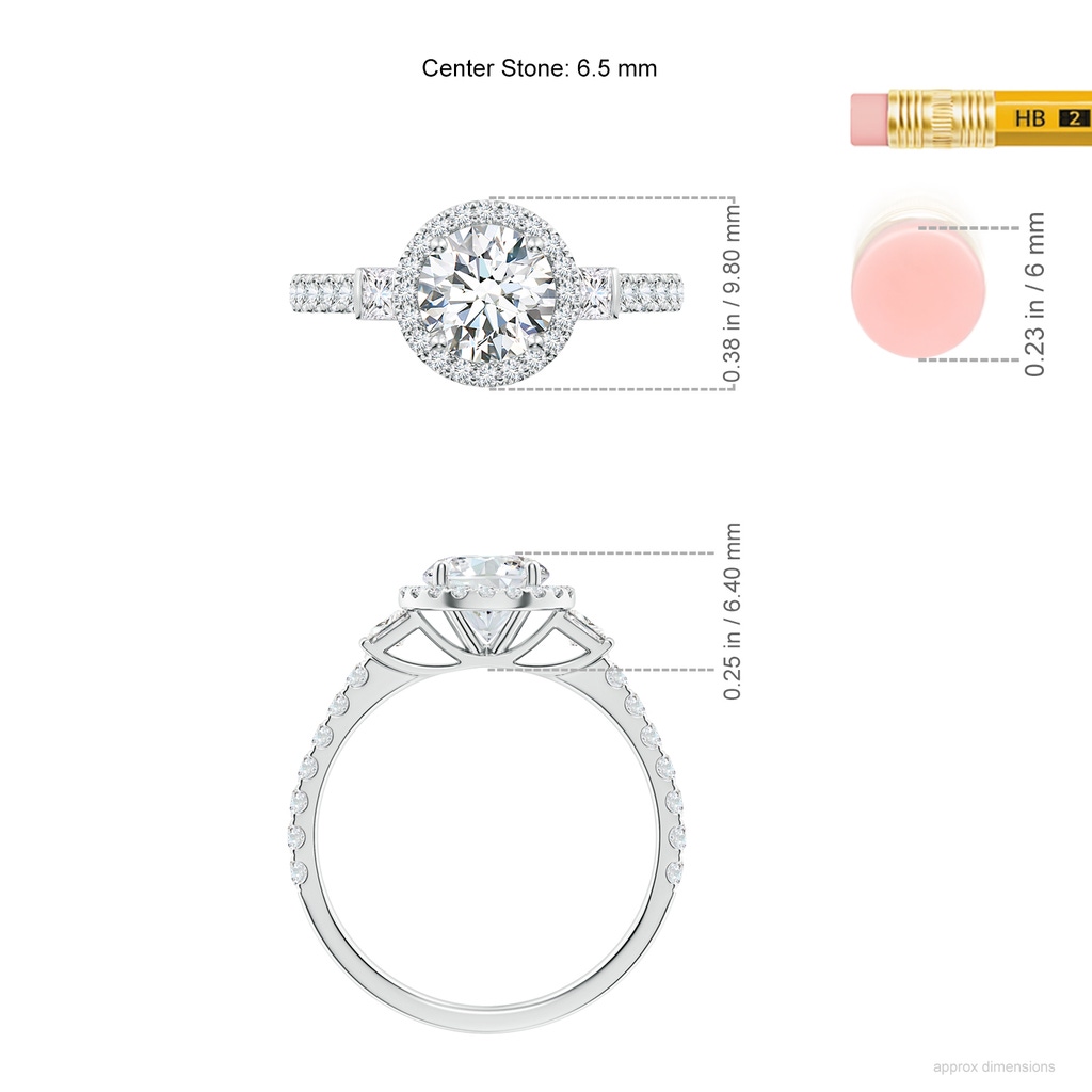 6.5mm FGVS Lab-Grown Round Diamond Side Stone Halo Engagement Ring in White Gold ruler