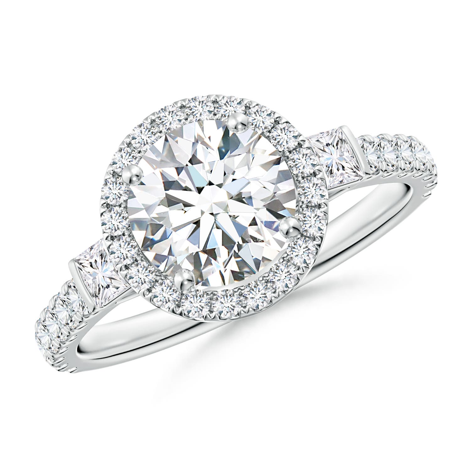 7.4mm FGVS Lab-Grown Round Diamond Side Stone Halo Engagement Ring in White Gold