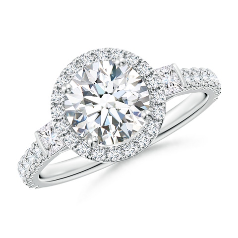 7.4mm FGVS Lab-Grown Round Diamond Side Stone Halo Engagement Ring in White Gold